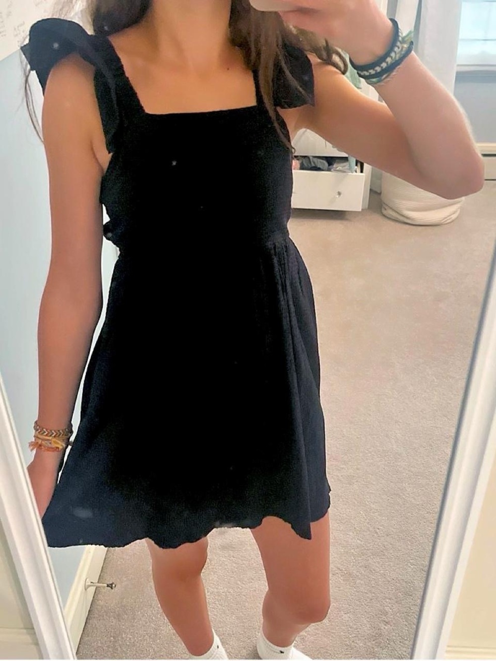 Square Neck Black Mini Dress with Back Tie Bow
